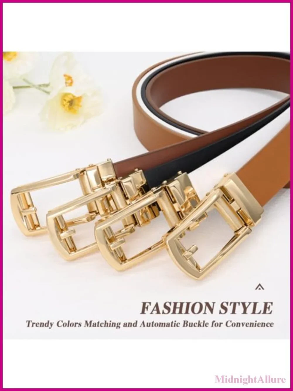 Women's Faux Leather Ratchet Belt with Automatic Gold Buckle Adjustable Waist